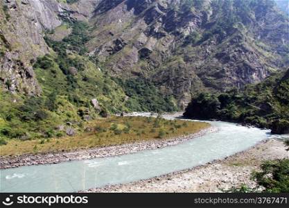 Curve of mountain river in Nepal
