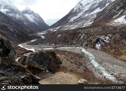 Curve river in mountain near Samdo in Nepal