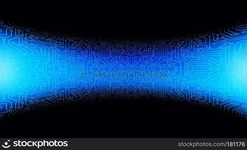 Curved blue circuit board pattern texture. High-tech background in digital computer technology concept. 3d abstract illustration.