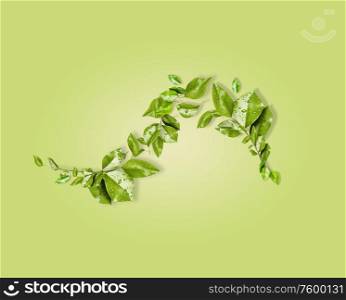 Curved green leaves branches on light green background, top view. Copy space. Place for your eco friendly products