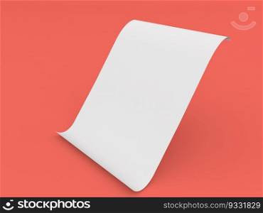 Curved office sheet of A4 paper on a red background. 3d render illustration.. Curved office sheet of A4 paper on a red background. 
