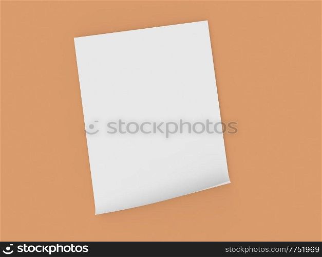 Curved sheet of A4 paper on an orange background. 3d render illustration.