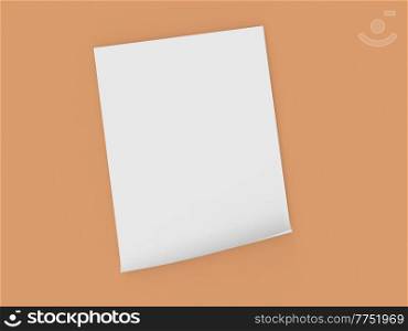 Curved sheet of A4 paper on an orange background. 3d render illustration.