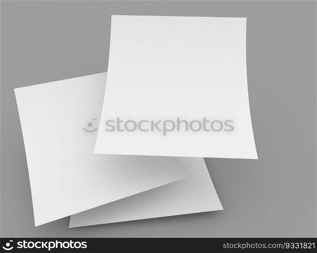 Curved sheets of A4 paper on a gray background. 3d render illustration.. Curved sheets of A4 paper on a gray background. 