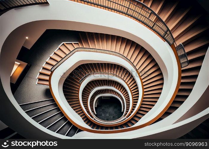 Curved staircase. Top view of modern part architecture. Illustration Generative AI 