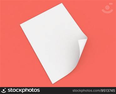 Curved white sheet of A4 paper on a red background. 3d render illustration.. Curved white sheet of A4 paper on a red background. 