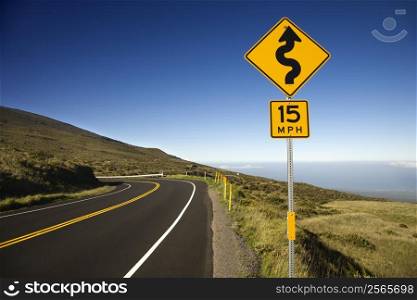Curvy road sign in Haleakala National Park, Maui, Hawaii.