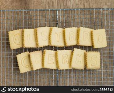 Custard Cream Biscuits on a Cooling Rack