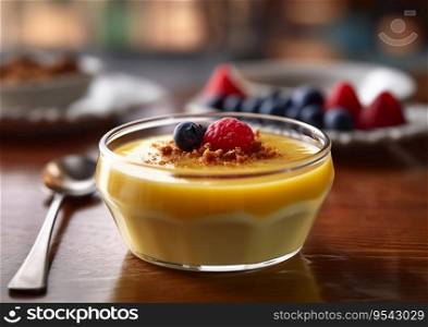 Custard pudding with berries and spoon.AI Generative