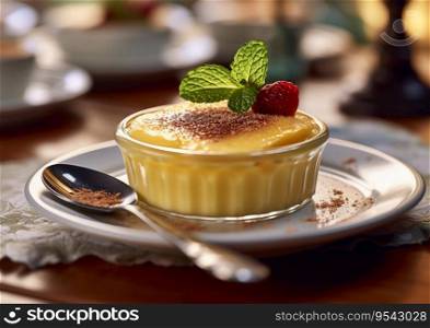 Custard pudding with raspberry and brown sugar and spoon.AI Generative