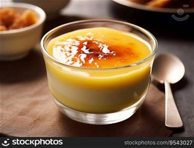Custard pudding with sauce and brown sugar and spoon.AI Generative