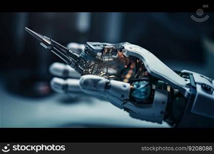 custom robotic hand with forceps and scalpel, ready for medical procedure, created with generative ai. custom robotic hand with forceps and scalpel, ready for medical procedure