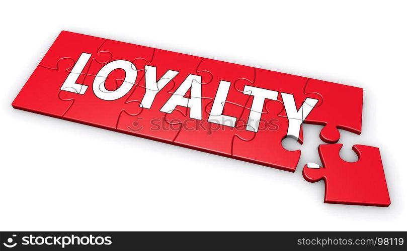 Customer and brand loyalty marketing concept with loyalty word on a red puzzle 3D illustration isolated on white background.