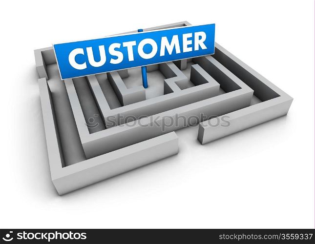 Customer concept with labyrinth and blue goal sign on white background.