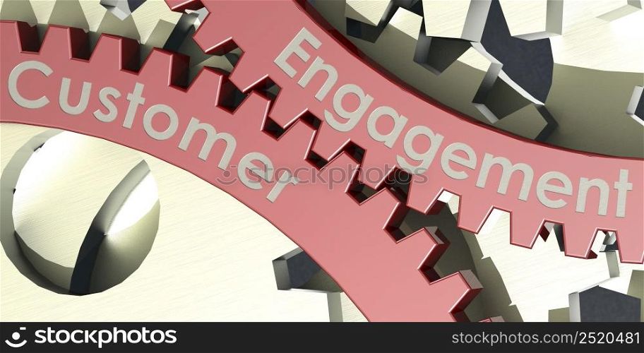 Customer engagement word on engaged gear wheels, 3d rendering