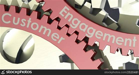Customer engagement word on engaged gear wheels, 3d rendering