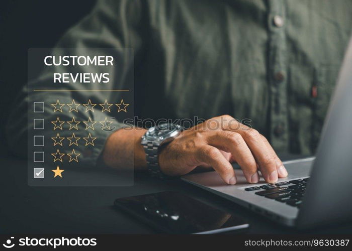 Customer experience dissatisfaction depicted through 1-star rating survey. negative feedback, expressing user experience via smartphone. Highlighting of customer satisfaction in business evaluations.