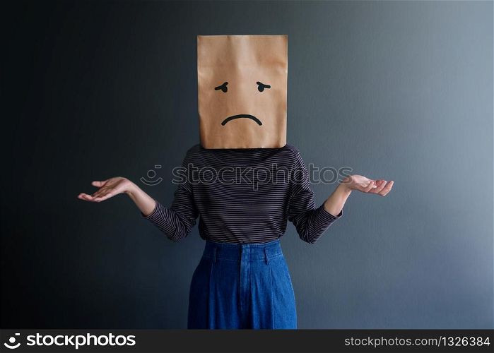Customer Experience or Human Emotional Concept. Woman Covered her Face by Paper Bag and present Sadness Feeling and Disappointed by Drawn Line Cartoon and Body Language