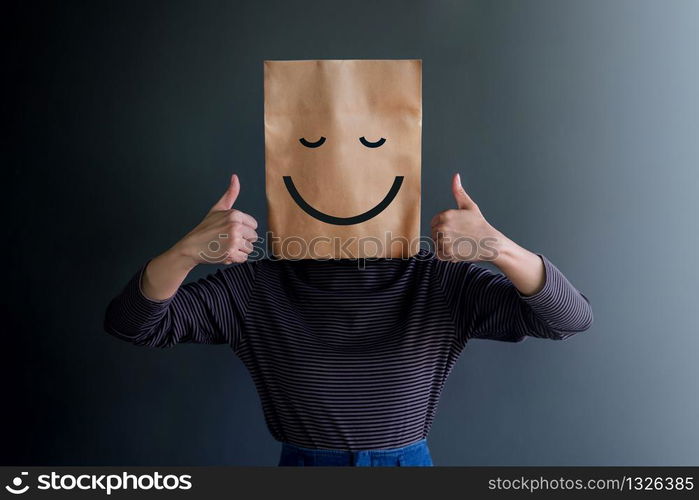 Customer Experience or Human Emotional Concept. Woman Covered her Face by Paper Bag and present Happy Feeling by Drawn Line Cartoon and Body Language