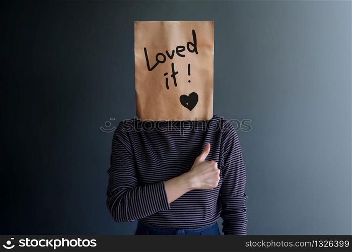 Customer Experience or Human Emotional Concept. Woman Covered her Face by Paper Bag and present Happy Feeling by Drawn Line Cartoon and Body Language