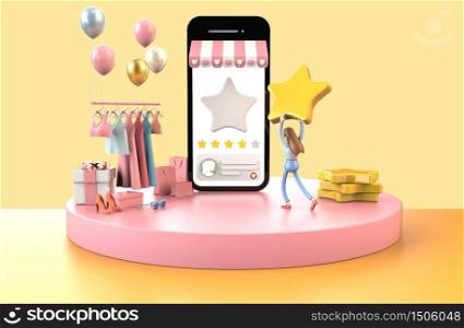 Customer female happy to giving five Stars feedback satisfaction for Favorite store shopping online on mobile Concept on yellow back ground, 3D illustration.