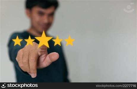 Customer hand  holding smart phone and five star with copy space. Best Excellent Services Rating for Satisfaction.Customer experience satisfaction concept.