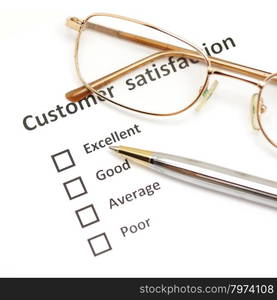 customer satisfaction survey form with the pen and eye glasses