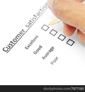 customer satisfaction survey form with the pen checked excellent in checkbox