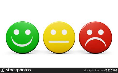 Customer service and product quality feedback concept with three emoticon icons and symbol on round badges isolated on white background.