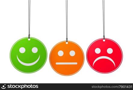 Customer service and product quality survey concept with three emoticon icons and symbol on round badges isolated on white background.