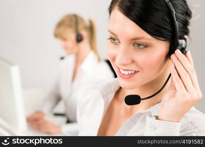 Customer service team woman call center smiling operator phone headset