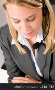 Customer service woman call operator phone headset close-up portrait