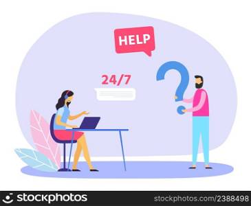 Customer support, operator help and answer to request. Vector support help for customer, service business center with call operator in headset, assistant and chat online illustration. Customer support, operator help and answer to request
