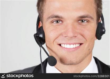 Customer support operator woman smiling isolated