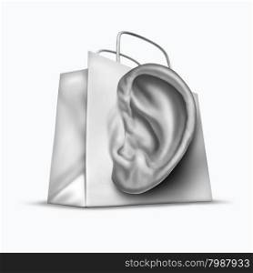 Customer survey concept as a shopping bag shaped as a human ear as a retail business symbol for listening to the needs of the consumer and corporate communication on a white background.