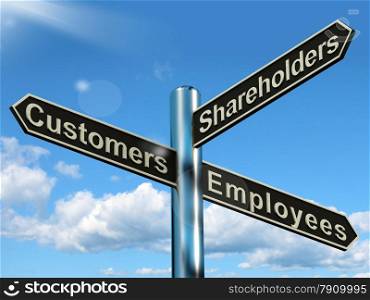 Customers Employees Shareholders Signpost Showing Company Organization. Customers Employees Shareholders Signpost Shows Company Organization