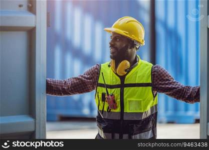 customs staff worker in port shipping opening checking goods in container box