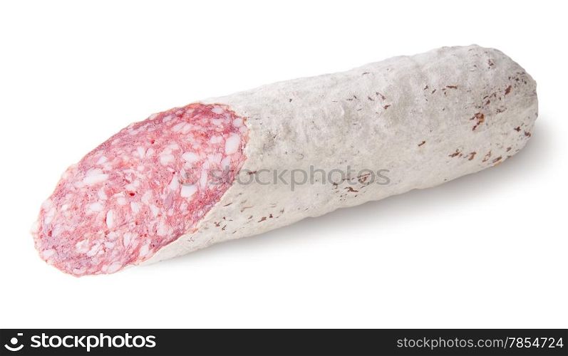 Cut a piece of salami isolated on white background
