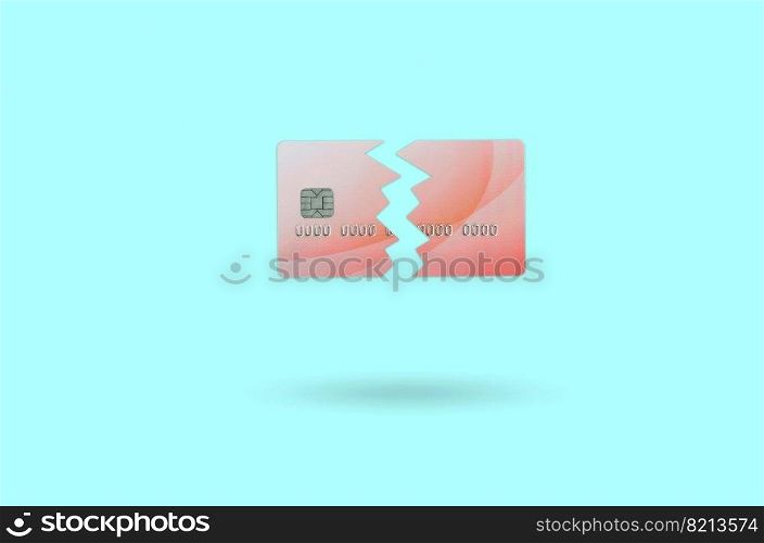 Cut and broken red credit card floating in the pastel blue space. The concept of ban to use banking services. Credit card expire end soon. Cut broken red credit card isolated on blue