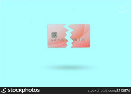 Cut and broken red credit card floating in the pastel blue space. The concept of ban to use banking services. Credit card expire end soon. Cut broken red credit card isolated on blue