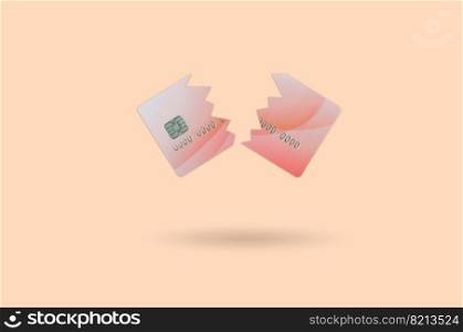 Cut and broken red credit card floating in the pastel orange space. The concept of ban to use banking services. Credit card expire end soon. Cut broken red credit card isolated on orange