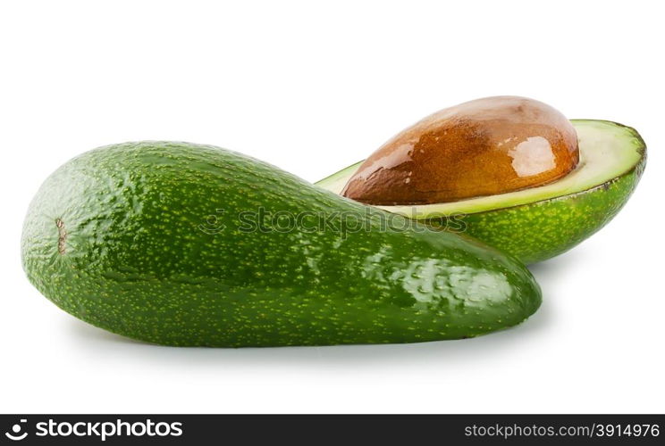 Cut and whole avocado isolated on white background
