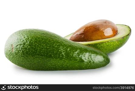 Cut and whole avocado isolated on white background