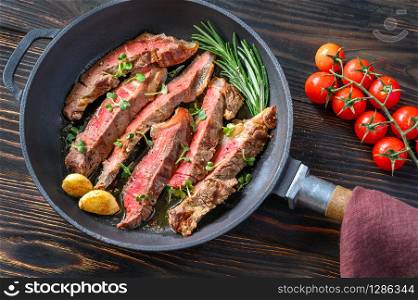 Cut beef steak in the frying pan
