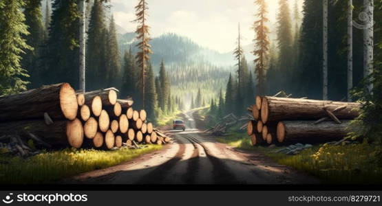 Cut down tree logs by the road in the forest. distinct generative AI image.. Cut down tree logs by the road in the forest