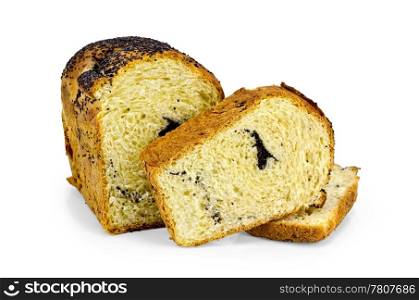 Cut loaf of sweet bread with poppy seeds isolated on white background