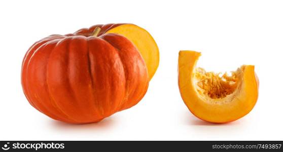 Cut orange pumpkin isolated on white background. Cut pumpkin on white