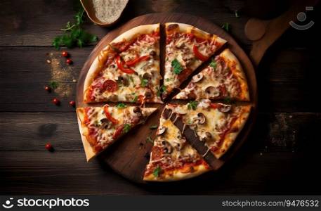 Cut pizza on a table, top view