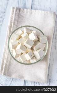 Cut tofu in the glass bowl