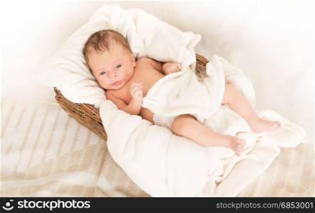 Cute 2 month baby sleeping in wicker basket